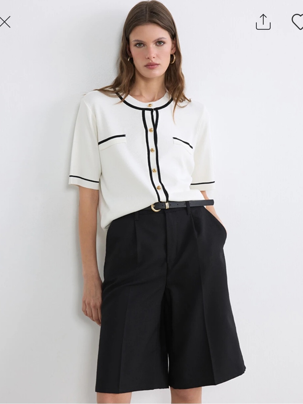 J. Crew White Knit Top with Black Trim and Gold Buttons